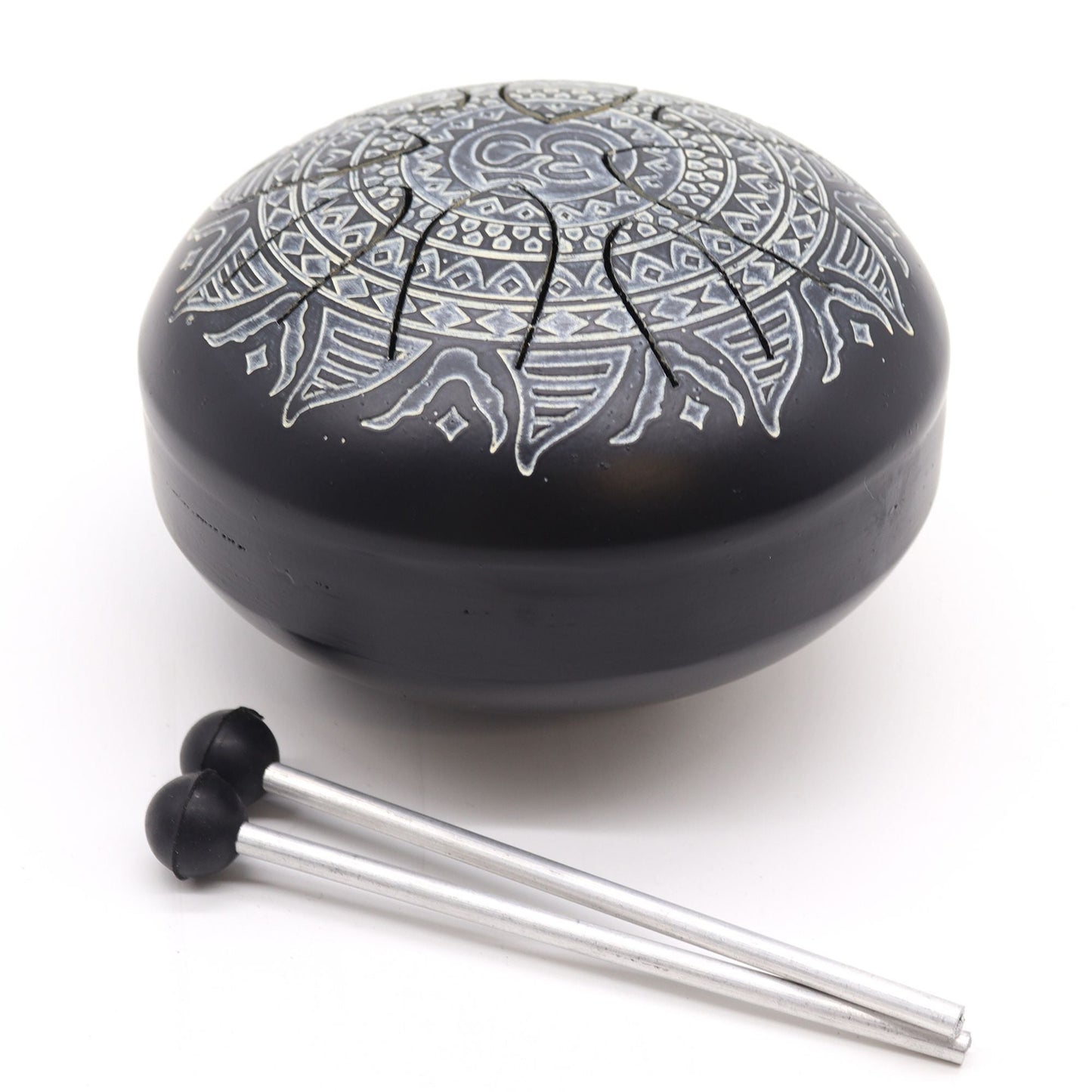 Steel Tongue Happy Drum – OM Mandala Engraved – 16 CM, svart steel tongue drum i stål med OM-mandala och klubbor