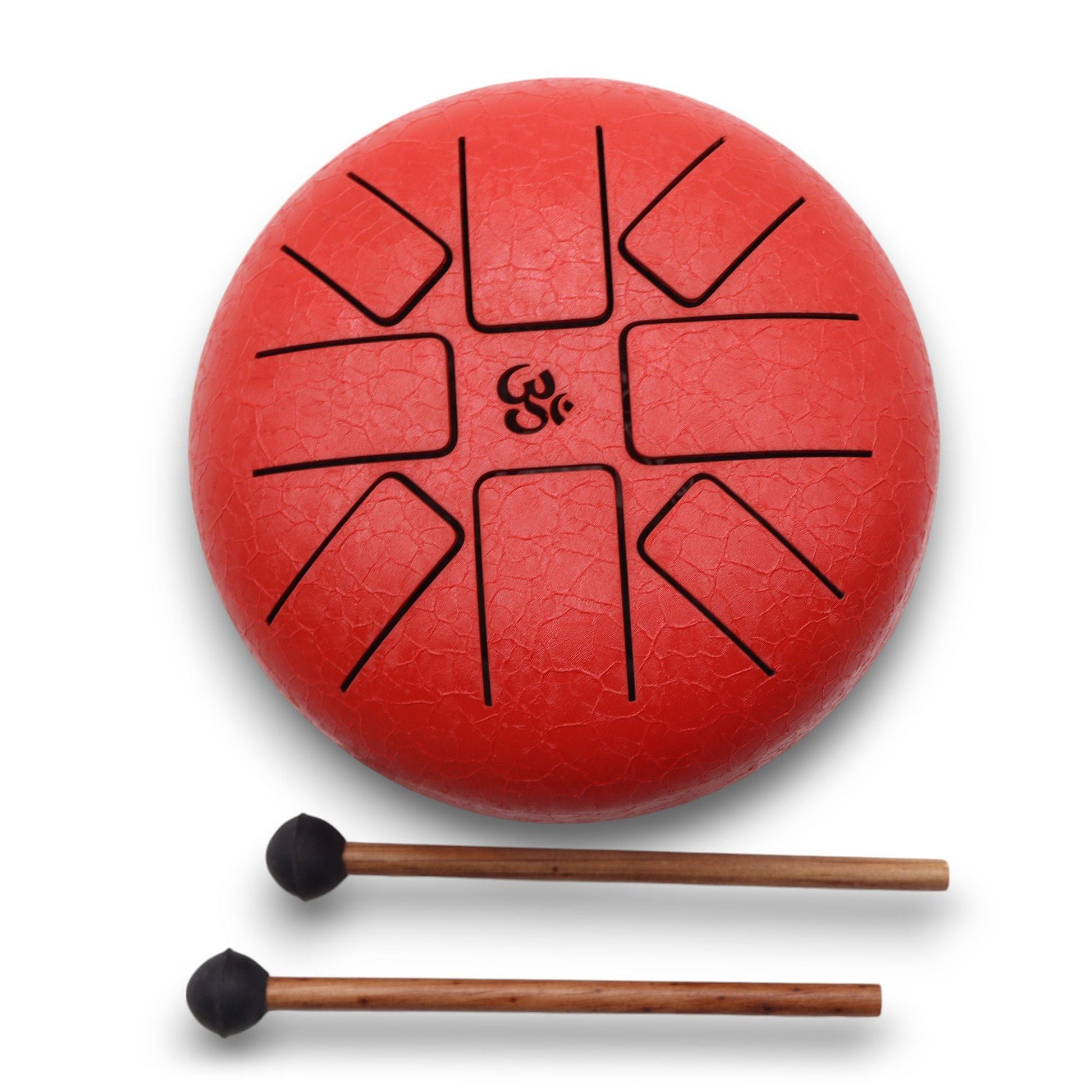 Alt Tag: Steel Tongue Happy Drum – Om Red – 16 CM röd steel tongue drum med Om-symbol och två klubbor