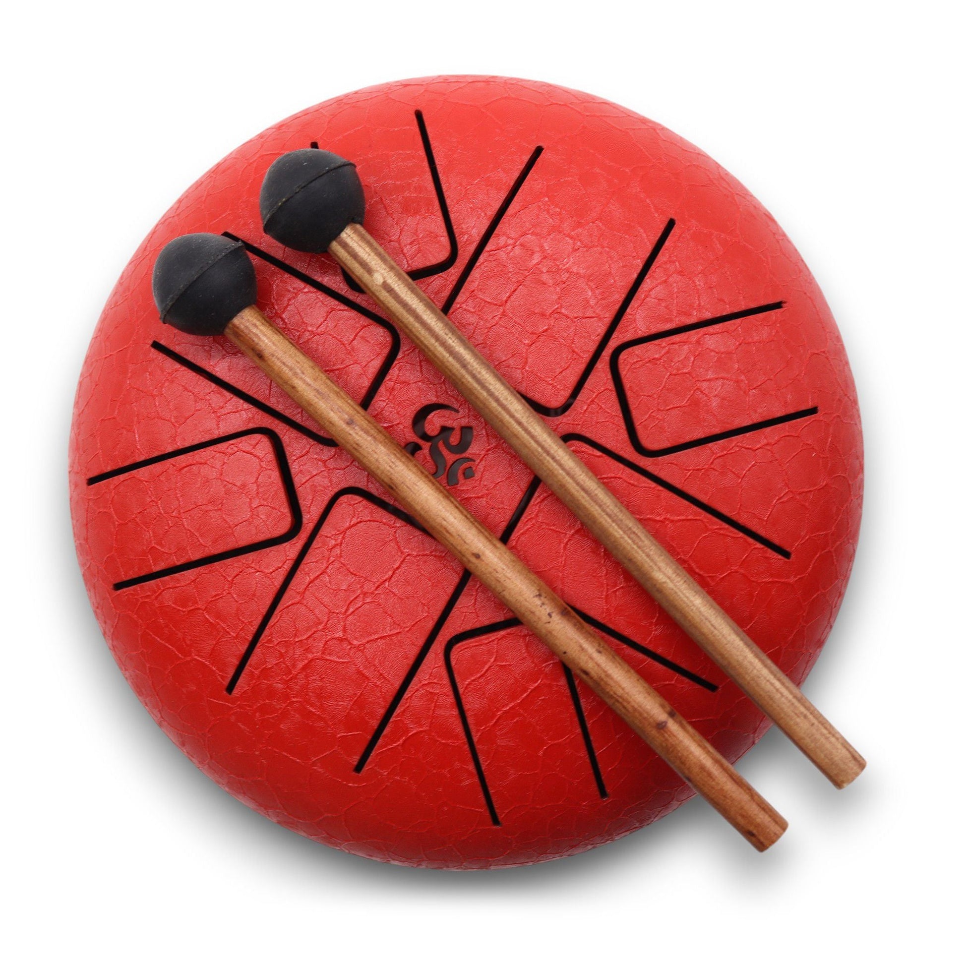Steel Tongue Happy Drum – Om Red – 16 CM, röd steel tongue drum med Om-symbol och klubbor