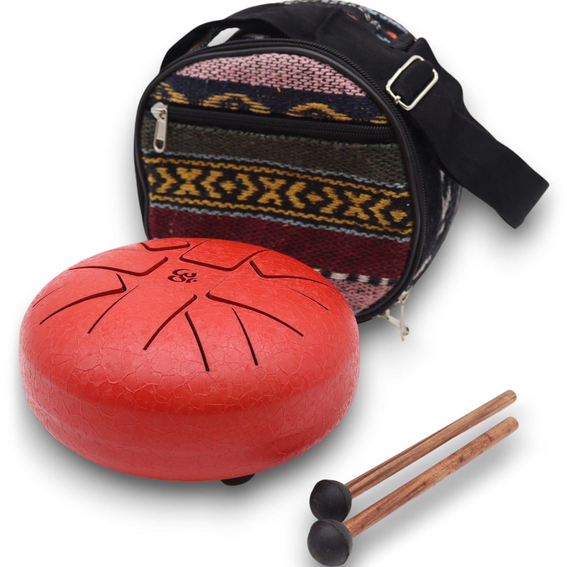 Steel Tongue Happy Drum – Om Red – 16 CM med klubbor och bärväska, röd ståltungtrumma 16 cm