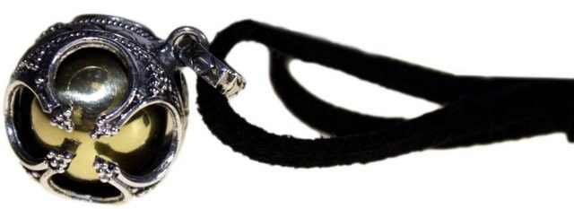 Alt Tag: Sterling Silver Angel Bell – Prosperity 16MM handcrafted 925 silver Bali angel bell pendant with black cord, close-up