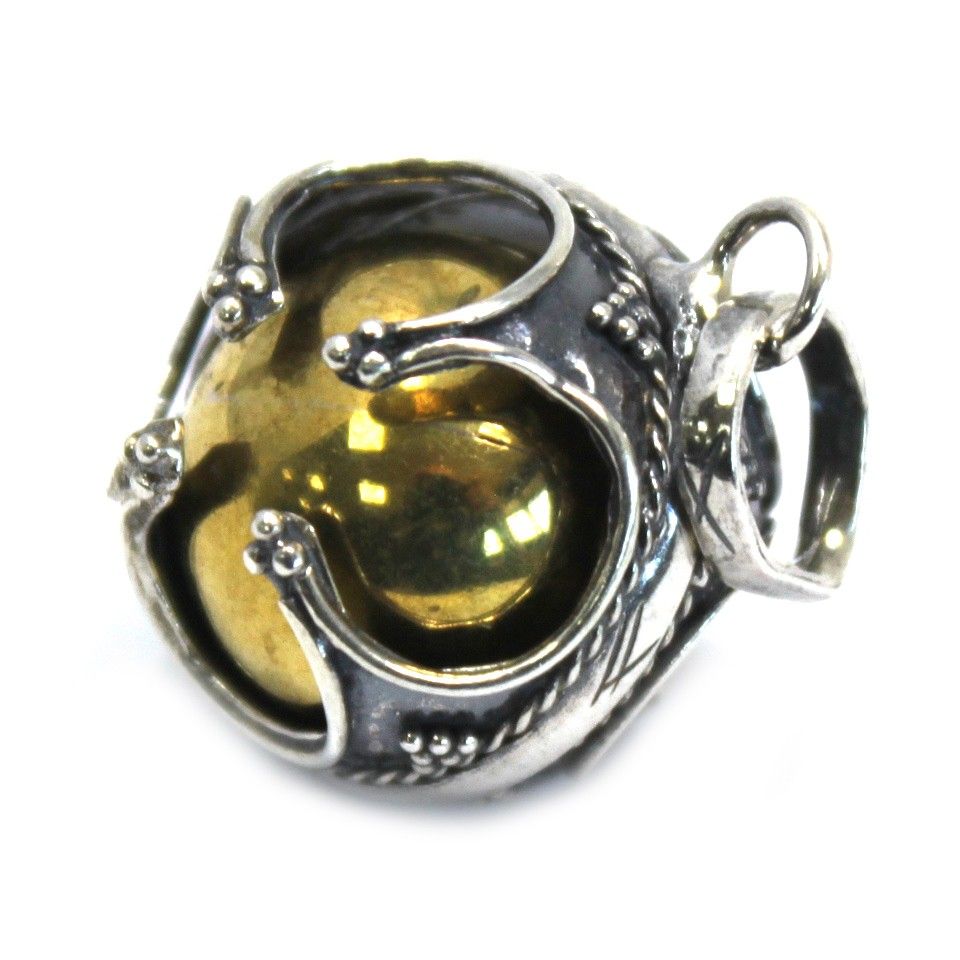 Alt Tag: Sterling Silver Angel Bell – Prosperity 16MM pendant in 925 silver, handcrafted Bali angel bell charm with golden inner chime