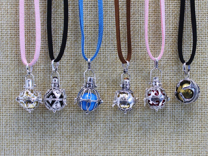 Sterling Silver Angel Bell – Prosperity 16MM pendant necklaces in assorted colors on cord, handcrafted Bali 925 silver bell charms