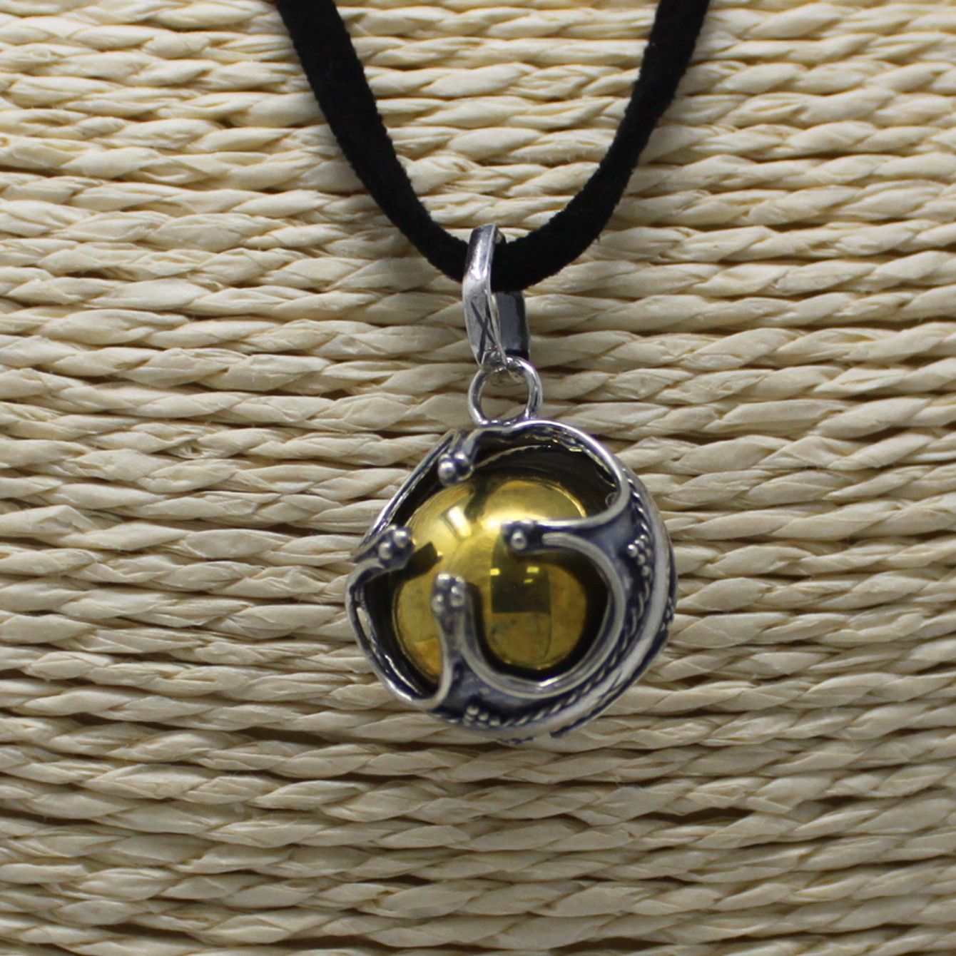 Alt Tag: Sterling Silver Angel Bell – Prosperity 16MM pendant necklace with black cord and gold-tone bell detail, handcrafted 925 silver