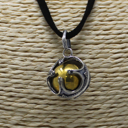 Alt Tag: Sterling Silver Angel Bell – Prosperity 16MM pendant necklace with black cord and gold-tone bell detail, handcrafted 925 silver