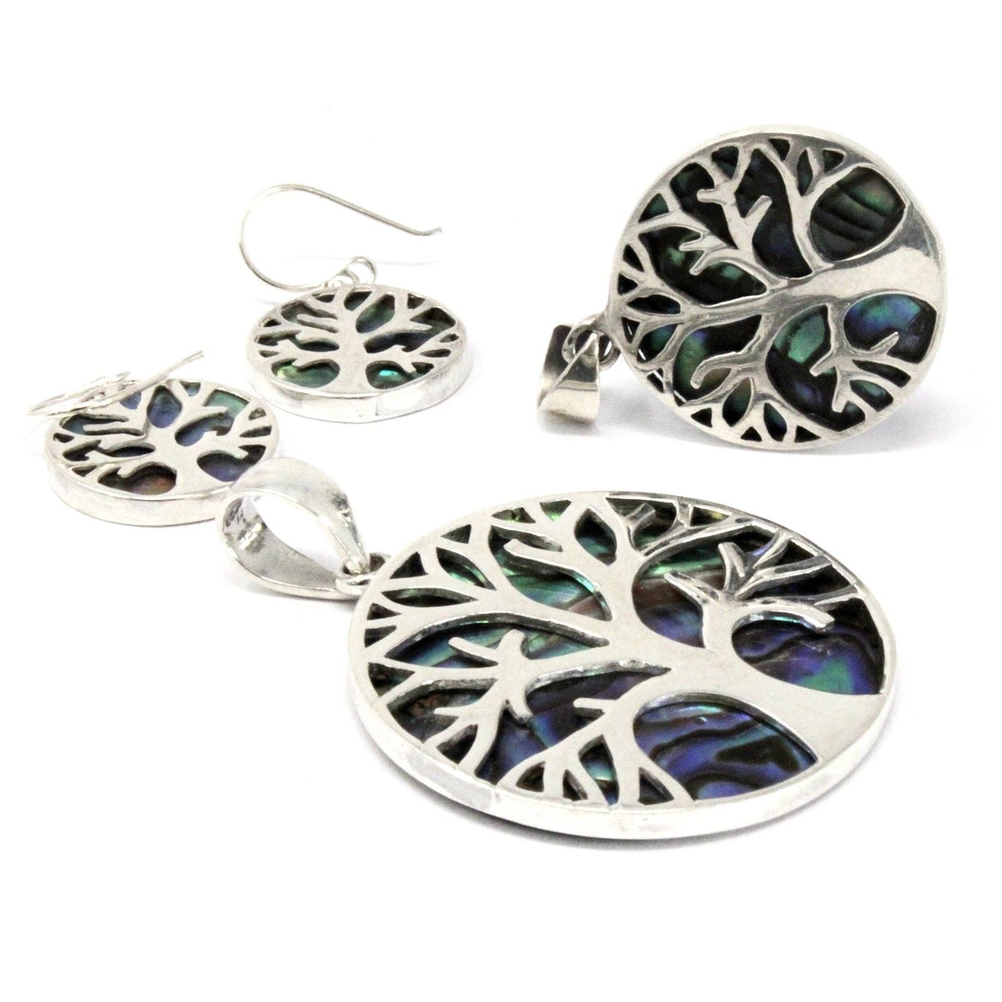 Sterling Silver Tree of Life Pendant – 22MM Abalone, colgante redondo con árbol calado e incrustación de abulón iridiscente