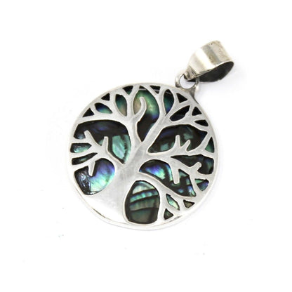 Sterling Silver Tree of Life Pendant – 22MM Abalone round pendant with tree cutout and iridescent abalone inlay