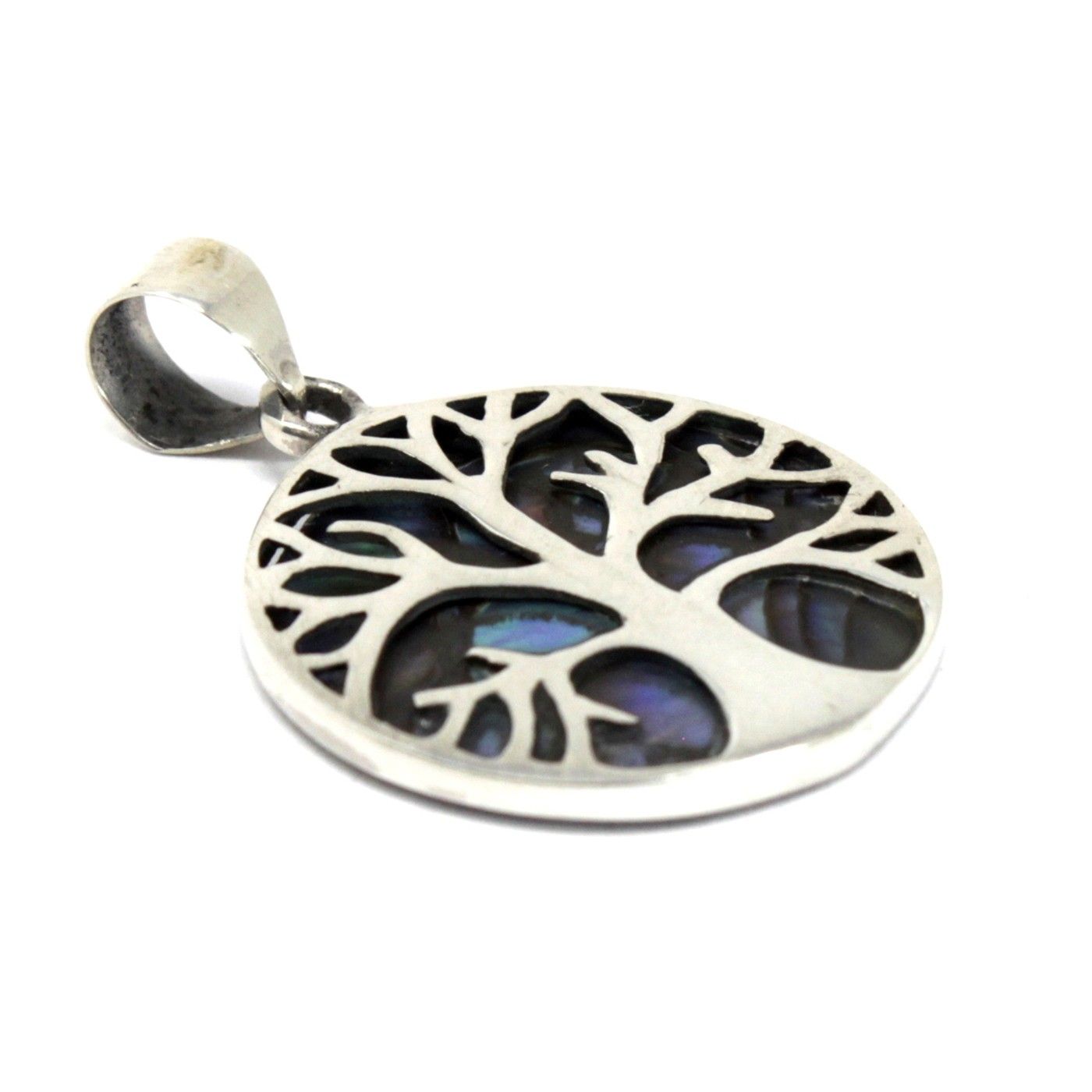 Alt Tag: Sterling Silver Tree of Life Pendant – 22MM Abalone, round sterling silver pendant with tree of life cutout and abalone inlay