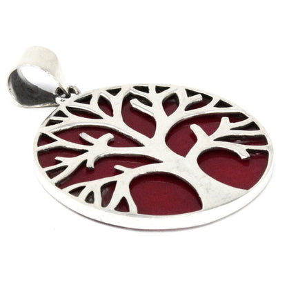 Alt Tag: Sterling Silver Tree of Life Pendant – Coral Effect 30MM, round silver pendant with tree cutout and coral-effect background
