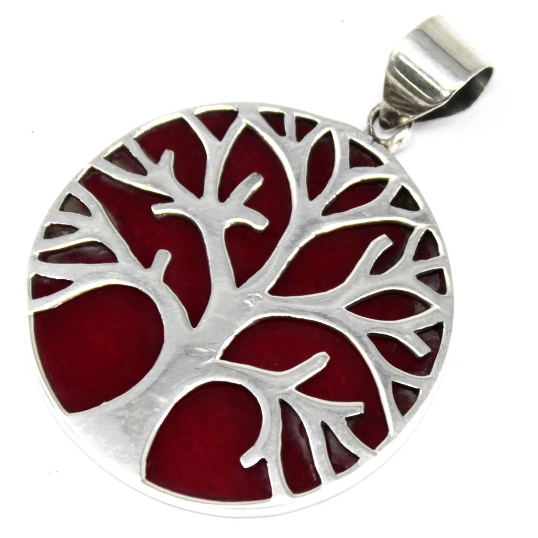 Sterling Silver Tree of Life Pendant – Coral Effect 30MM, red coral-effect background round pendant close-up