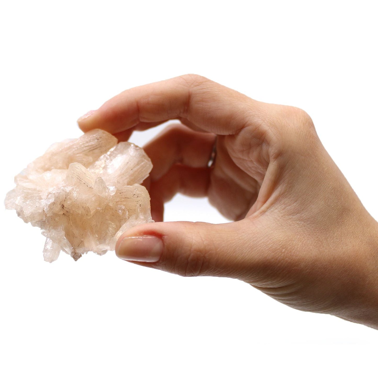 Stilbite & Apophyllite Specimen – 20–30 MM held in hand, natural crystal cluster with pale peach stilbite blades and apophyllite