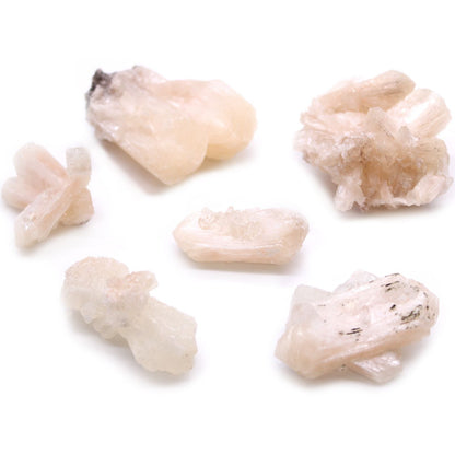 Alt Tag: Stilbite & Apophyllite Specimen – 20–30 MM crystal cluster, pale peach and white mineral specimen on white background