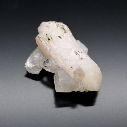 Alt Tag: Stilbite & Apophyllite Specimen – 20–30 MM mineral crystal cluster, natural stilbite blades with clear apophyllite on gray background