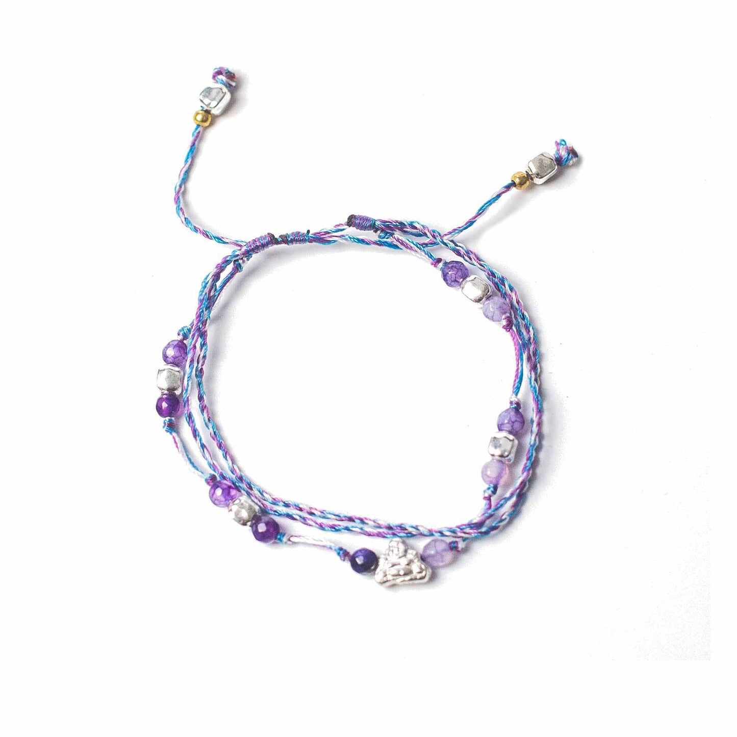 String & Beads Temple Bracelet – One Size adjustable braided string bracelet with metal accents and purple beads, top view on white