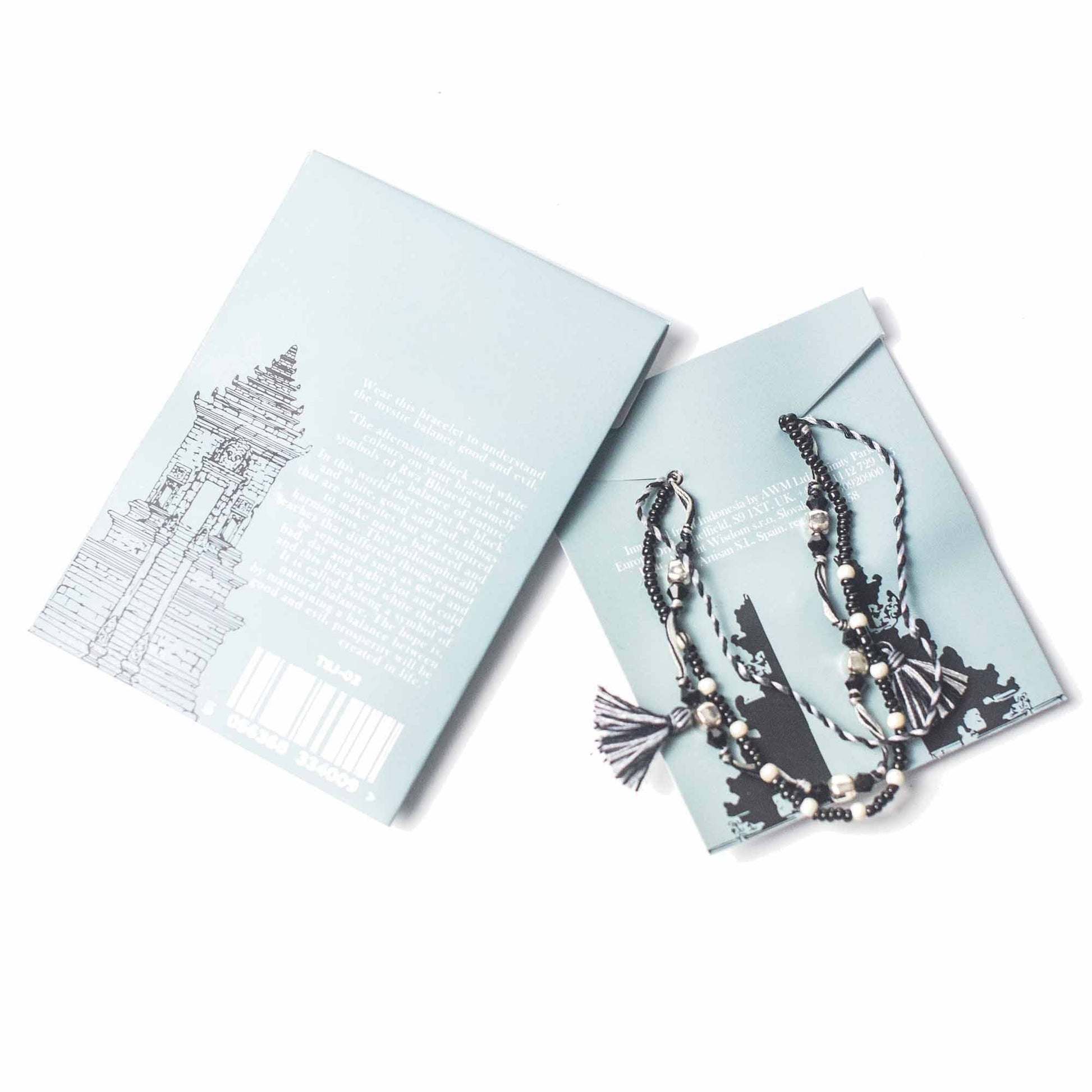 String & Beads Temple Bracelet – Balance of Nature on product cards, black-and-white string bracelet with metal beads and tassel