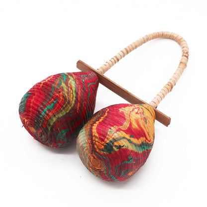 Stylish Double-Loop Maracas – 23x12.5 CM, maracas de ratán doble aro multicolor con mango, instrumento musical decorativo