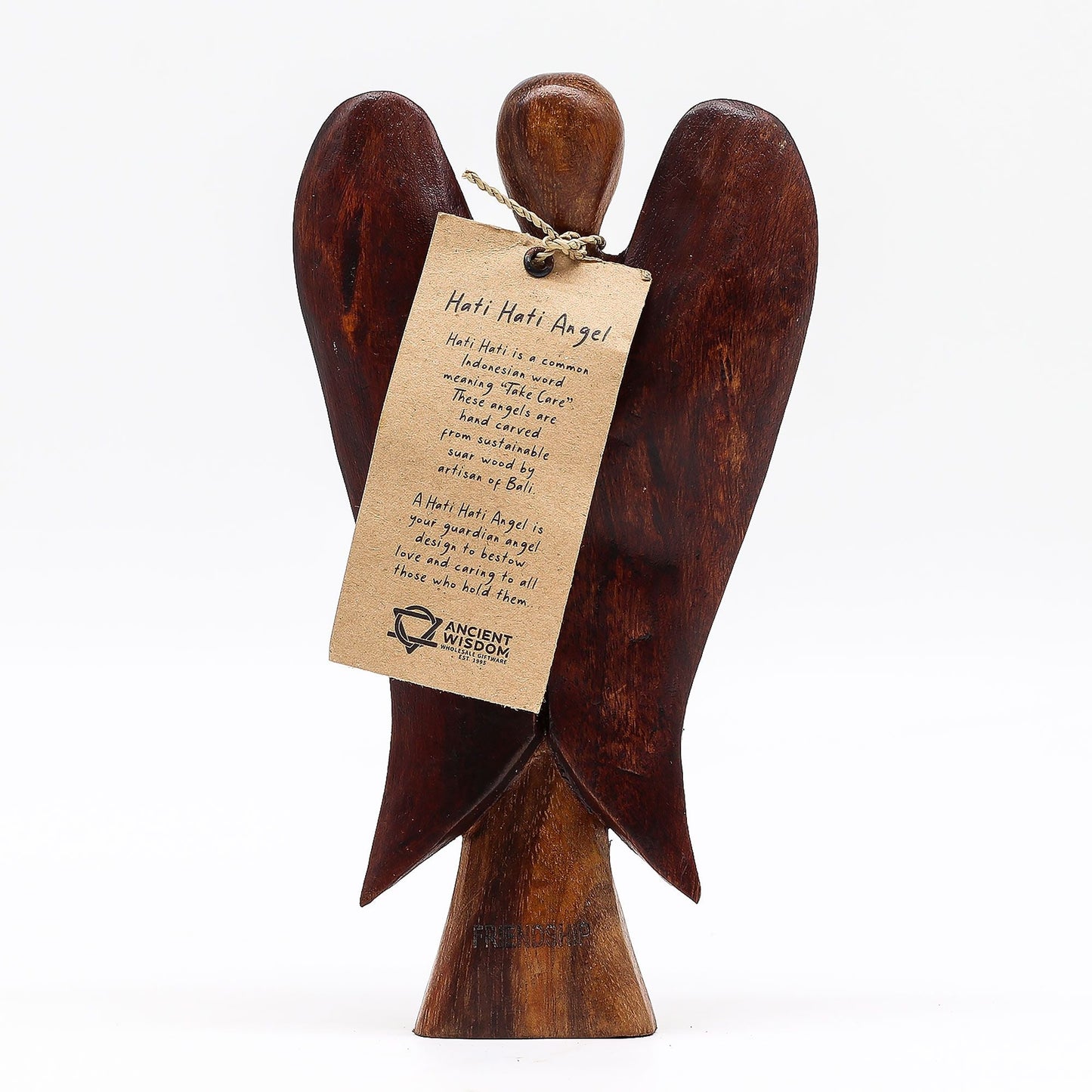 Suar Wood Angel – Friendship, 20CM Hand-Carved hand-carved wooden angel figurine with tag, Indonesian Suar wood, brown finish