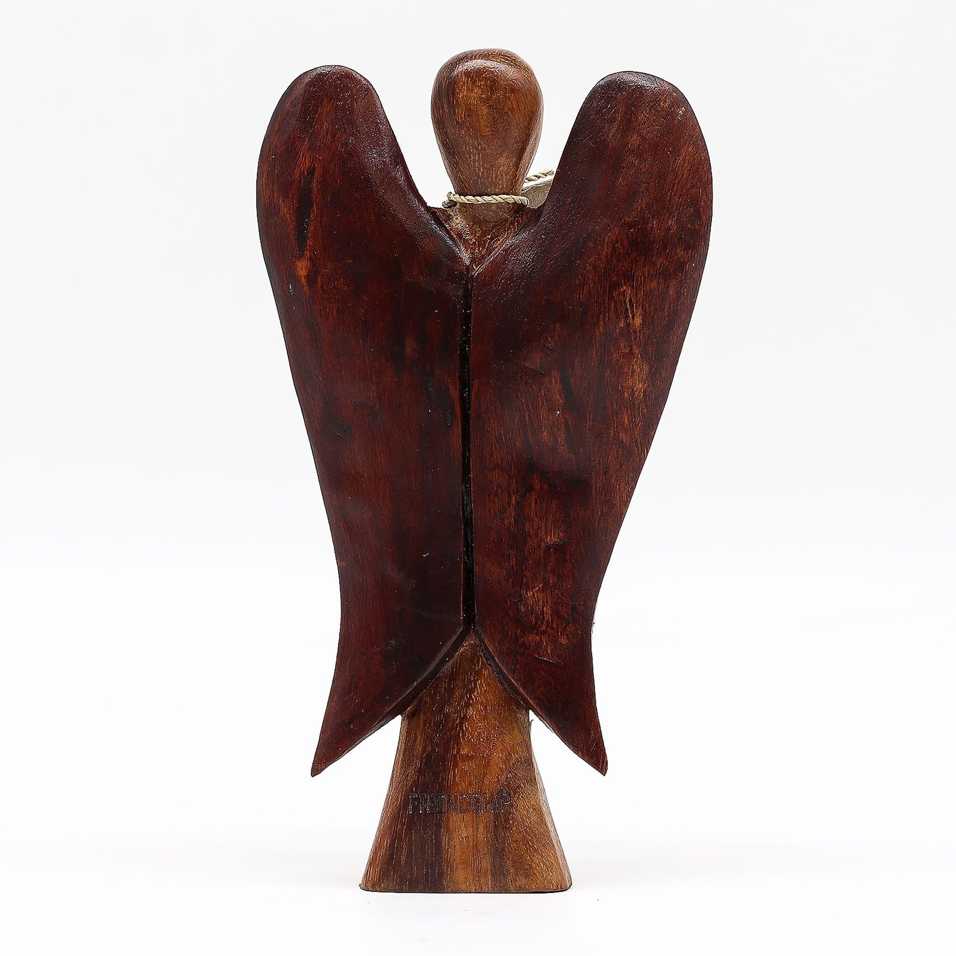 Alt Tag: Suar Wood Angel – Friendship, 20CM Hand-Carved hand-carved Indonesian Suar wood angel figurine with wings, front view