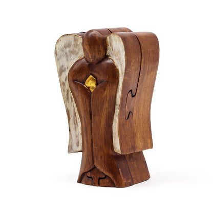 Suar-Holz Engel Magic Box – Love 14CM handgeschnitzte Engel-Figur aus Suar-Holz mit verstecktem Fach, braunes Finish