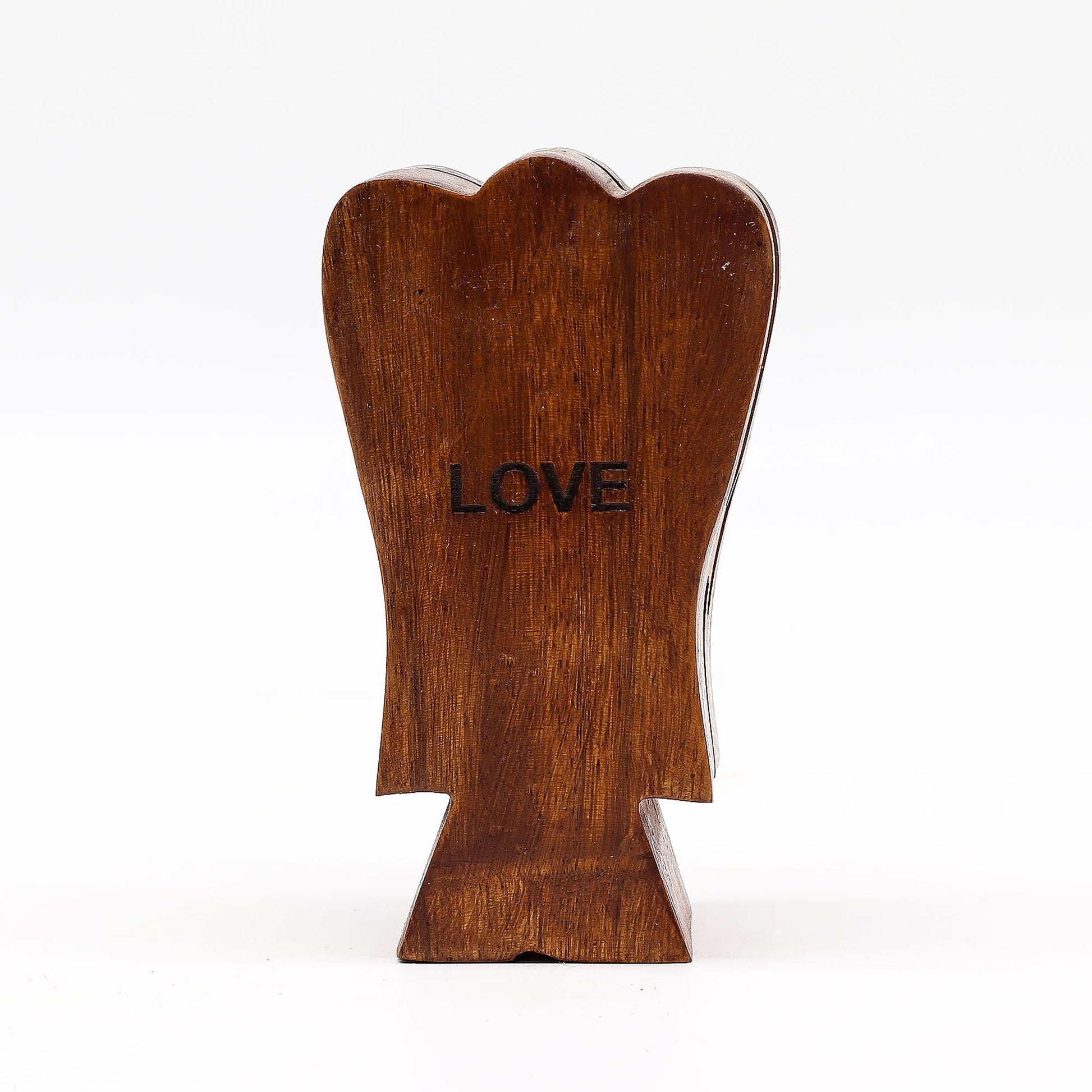 Suar Wood Angel Magic Box – Love 14CM, handgeschnitzte magische Engelbox aus Suar-Holz mit verborgenem Fach, Rückansicht