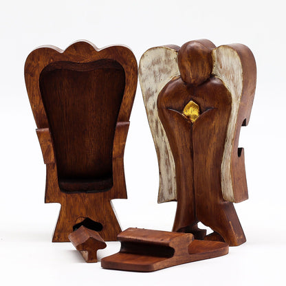 Alt-Tag: Suar-Holz Engel Magic Box – Love 14CM, handgeschnitzte Holz-Engelfigur mit verborgenem Fach und offenem Deckel