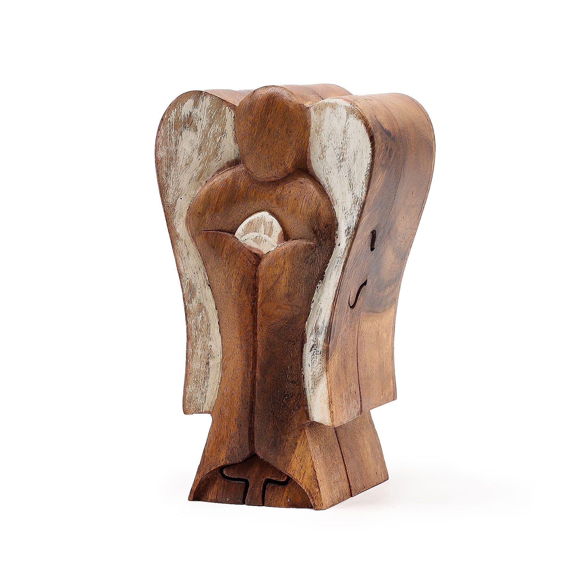 Alt Tag: Suar-Holz Angel Magic Box – Peace 14CM handgeschnitzte Engelsfigur-Holz-Erinnerungsbox, Vorderansicht