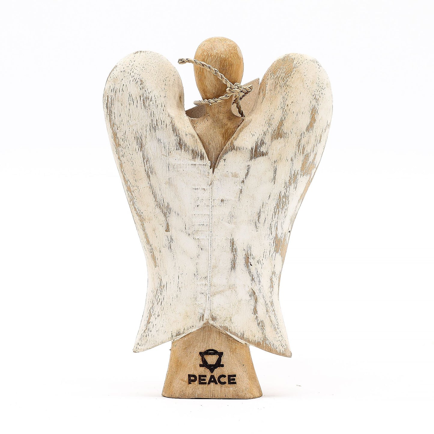 Suarholz Engel des Friedens – 15 CM handgeschnitzte Suarholz-Engelfigur mit antik-weiß patinierten Flügeln und „Peace“-Sockel