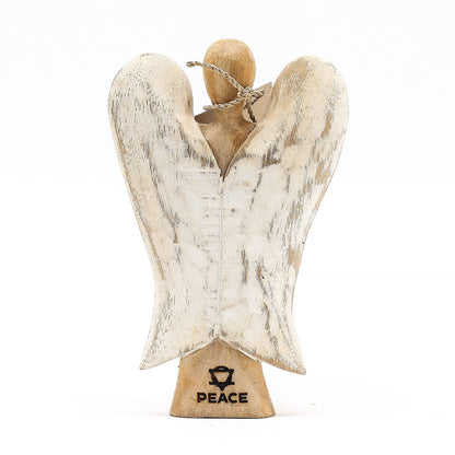 Suarholz Engel des Friedens – 15 CM handgeschnitzte Suarholz-Engelfigur mit antik-weiß patinierten Flügeln und „Peace“-Sockel