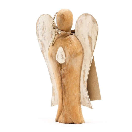 Alt-Tag: Suarholz-Engel des Friedens – 15 CM handgeschnitzte Suarholz-Engelfigur mit weißen Flügeln, indonesisches Kunsthandwerksdekor