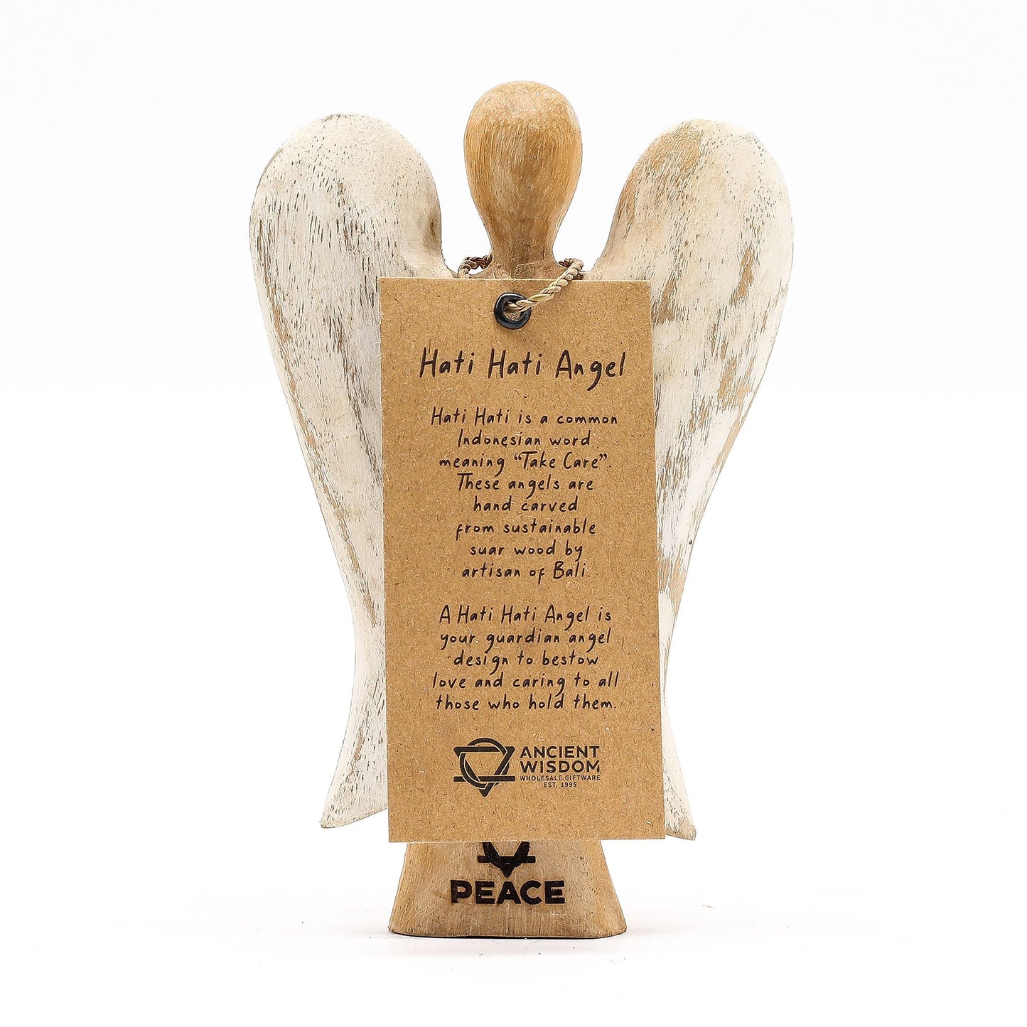 Suar Wood Angel of Peace – 15 CM handgeschnitzte Hati Hati-Engel-Figur aus nachhaltigem Suarholz, weiß getünchte Flügel, PEACE-Sockel