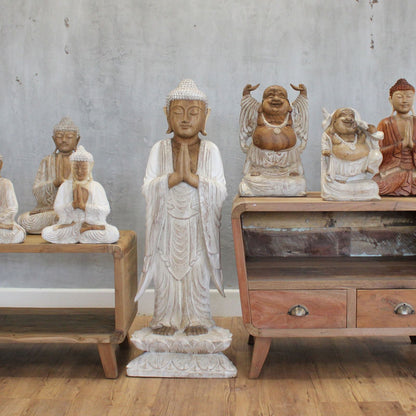Alt-Tag: Suarholz-Buddha-Statue – 100CM Welcome Design aus handgeschnitztem Holz, stehende Buddha-Figur mit Händen im Gebet
