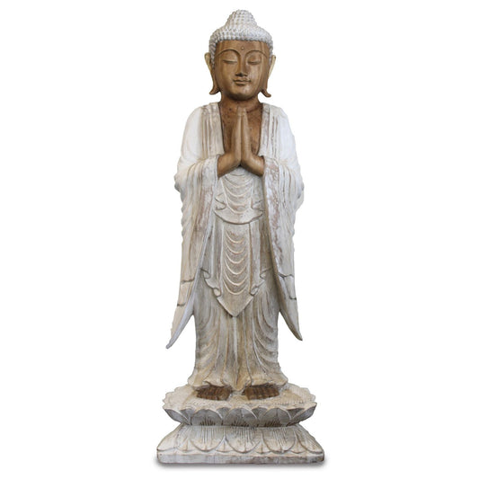 Buddhastaty i suarträ – 100CM Welcome Whitewash, handskuren balinesisk stående Buddha med händerna i bön, vitkalkad finish