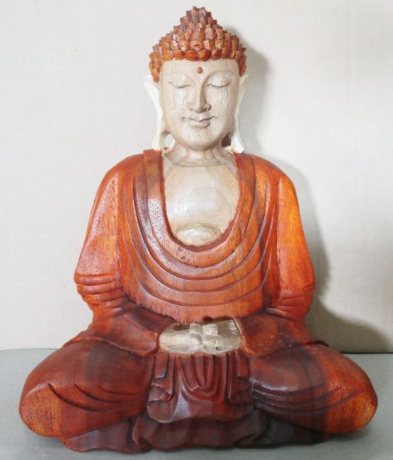 Alt Tag: Buddha-staty i suarträ – 30CM Hand Down handskuren balinesisk Buddha-staty i meditationsposition, naturlig finish i suarträ