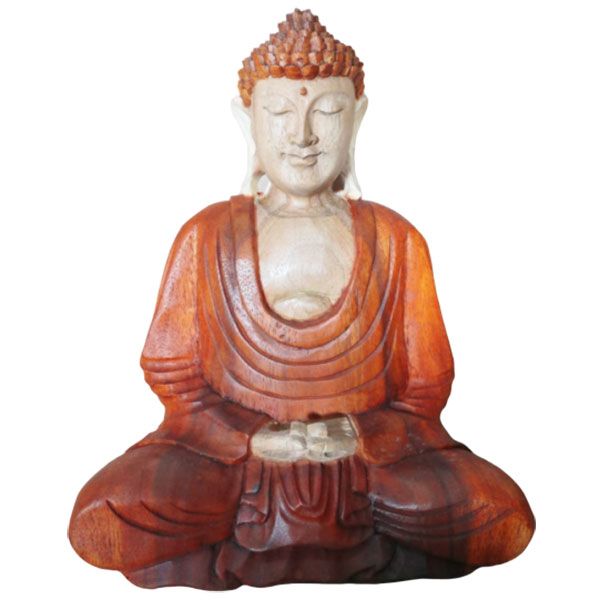 Buddhastaty i suarträ – 30 CM Hand Down handskuren sittande Buddha med naturlig finish i suarträ, händerna nedåt-mudra