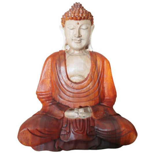 Suar-Holz-Buddha-Statue – 30CM Hand Down handgeschnitzter sitzender Buddha mit natürlicher Suarholz-Oberfläche, Hände-nach-unten-Mudra