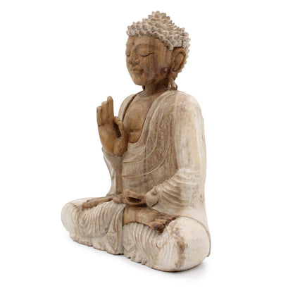 Alt-Tag: Buddha-Statue aus Suarholz – 30CM Teaching Transmission, handgeschnitzter sitzender Buddha mit Whitewash-Finish, rechte Hand erhoben