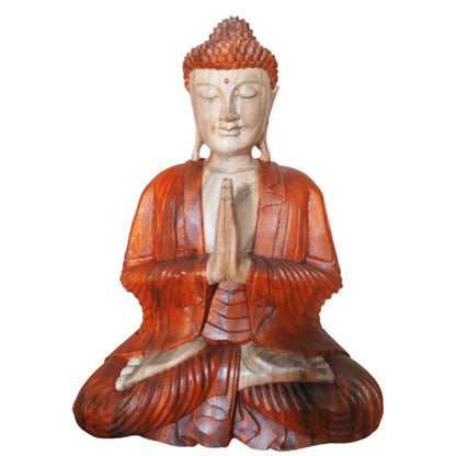 Buddhastaty i suarträ – 30CM Välkomna en handskuren balinesisk Buddhastaty i suarträ i böneställning, sittande, tvåtonad träfinish