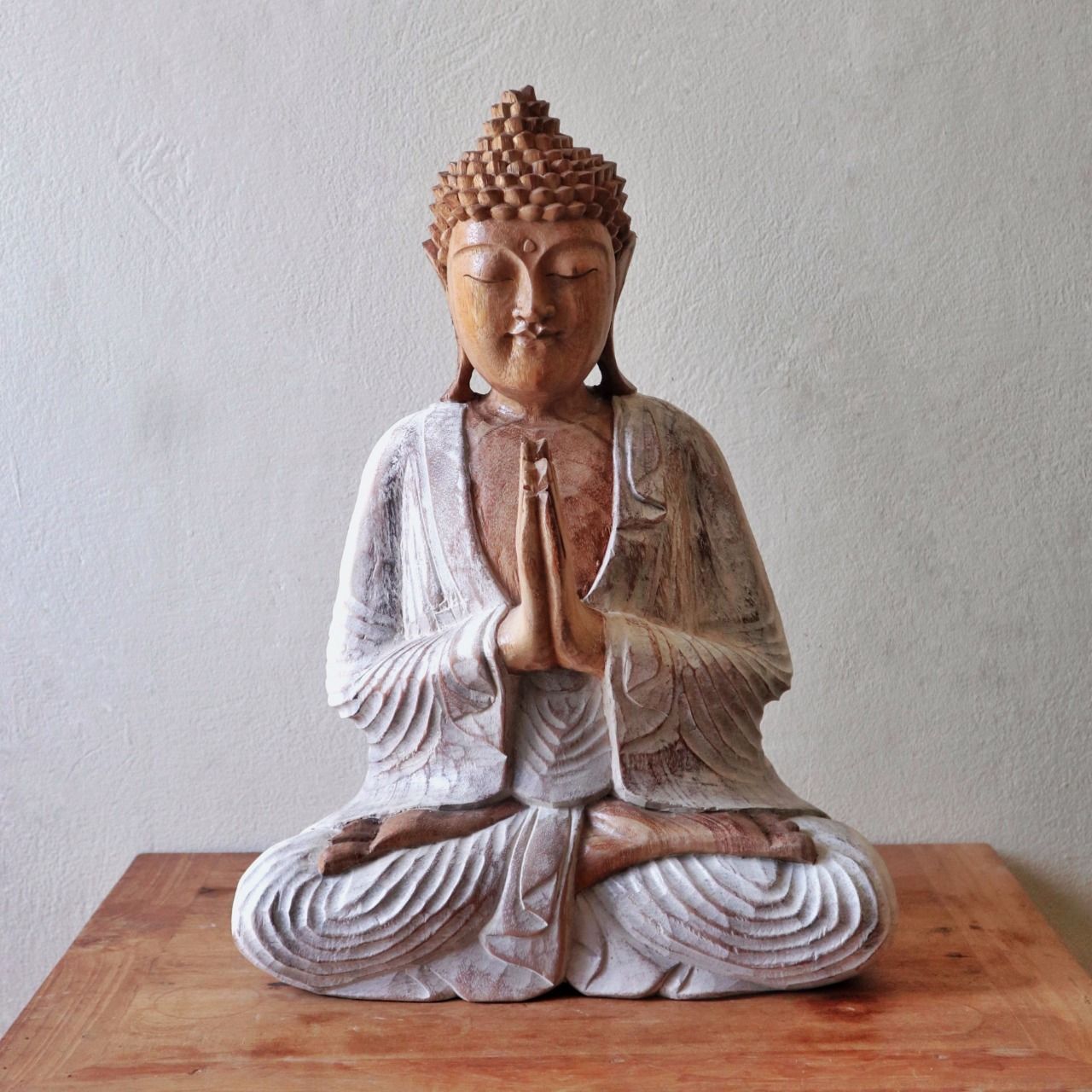 Suar Wood Buddha Statue – 30CM Whitewash hand-carved Indonesian Buddha figure in seated prayer pose with whitewashed finish