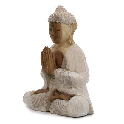 Alt Tag: Suar Wood Buddha Statue – 30CM Whitewash hand-carved Indonesian suar wood Buddha decor with whitewash finish, seated prayer pose