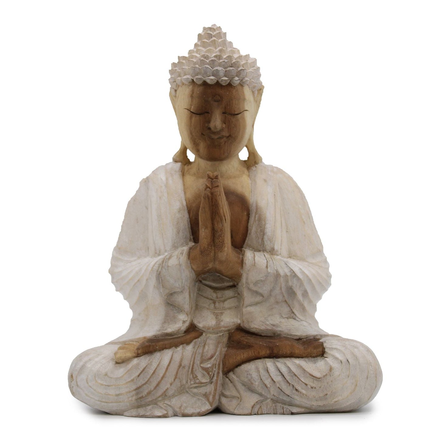 Alt Tag: Suar Wood Buddha Statue – 30CM Whitewash hand-carved Indonesian suar wood Buddha figure with whitewash finish, seated in prayer