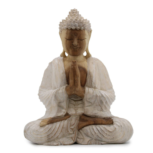 Alt-Tag: Buddha-Statue aus Suarholz – 30CM Whitewash, handgeschnitzte Buddha-Figur aus indonesischem Suarholz mit Whitewash-Finish, sitzend im Gebet
