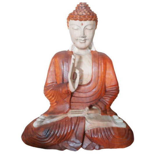 Alt-Tag: Buddha-Statue aus Suarholz – 40CM Lehrpose, handgefertigte balinesische Holzschnitzerei, sitzender Buddha in Lehrgeste, 40 cm