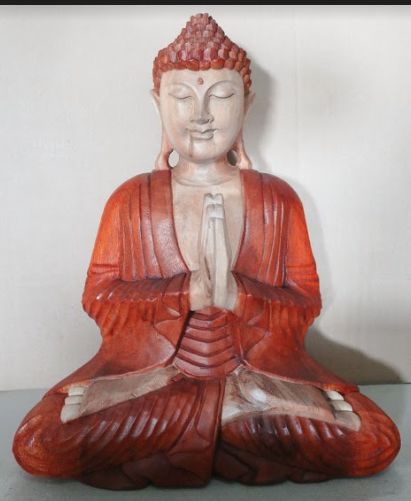 Estatua de Buda de madera de suar – 40CM Welcome figura de Buda balinés tallada a mano en pose sentada de bienvenida, veta natural de madera de suar