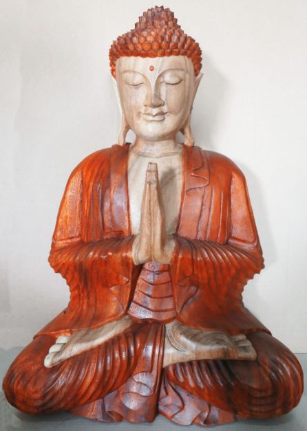 Suar-Holz-Buddha-Statue – 60CM Willkommen: handgeschnitzte balinesische Buddha-Statue aus Suar-Holz, sitzend mit Gebetshänden