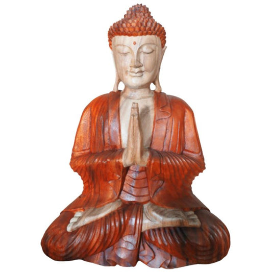 Suar Wood Buddha Statue – 60CM Welcome hand-carved Balinese suar wood Buddha statue in prayer pose, serene home decor