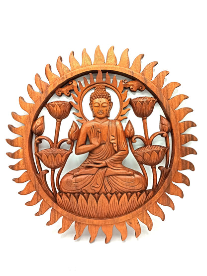 Alt Tag: Suar Wood Tree of Life Wall Panel – 40CM hand-carved round Suar wood wall panel with seated Buddha and floral sunburst design