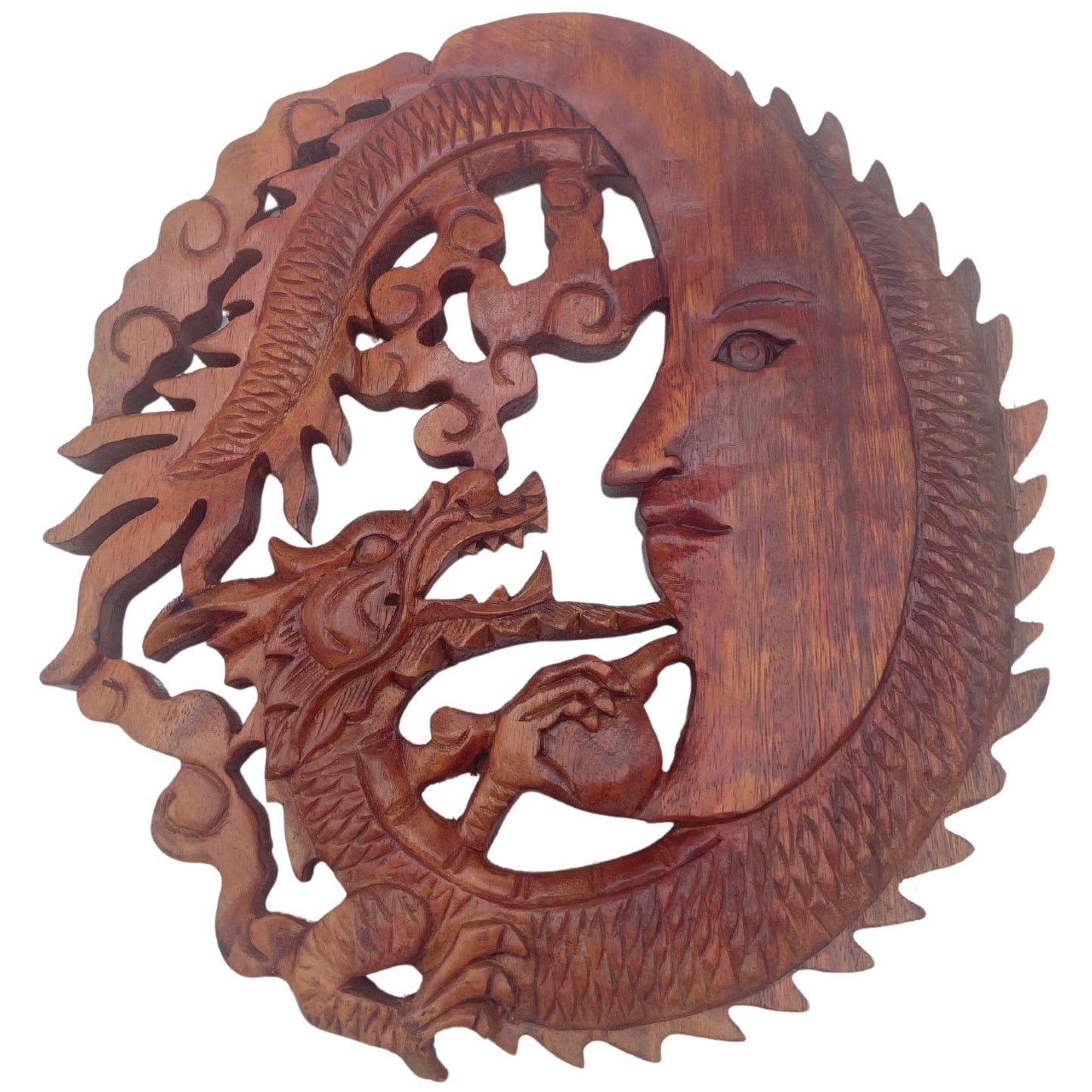 Alt Tag: Suar Wood Decorative Panel – 30x30 CM carved suar wood wall panel with dragon and face sun moon design, 30x30 cm