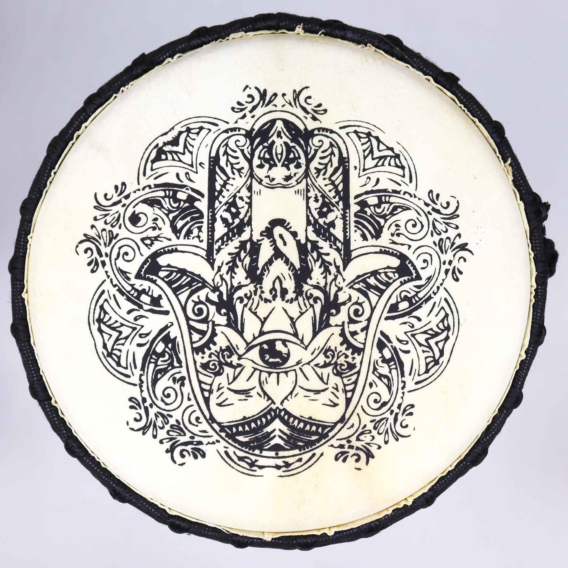 Alt Tag: Suar Wood Djembe Drum – 50CM Hamsa Design goat skin drumhead with black Hamsa hand illustration, top view