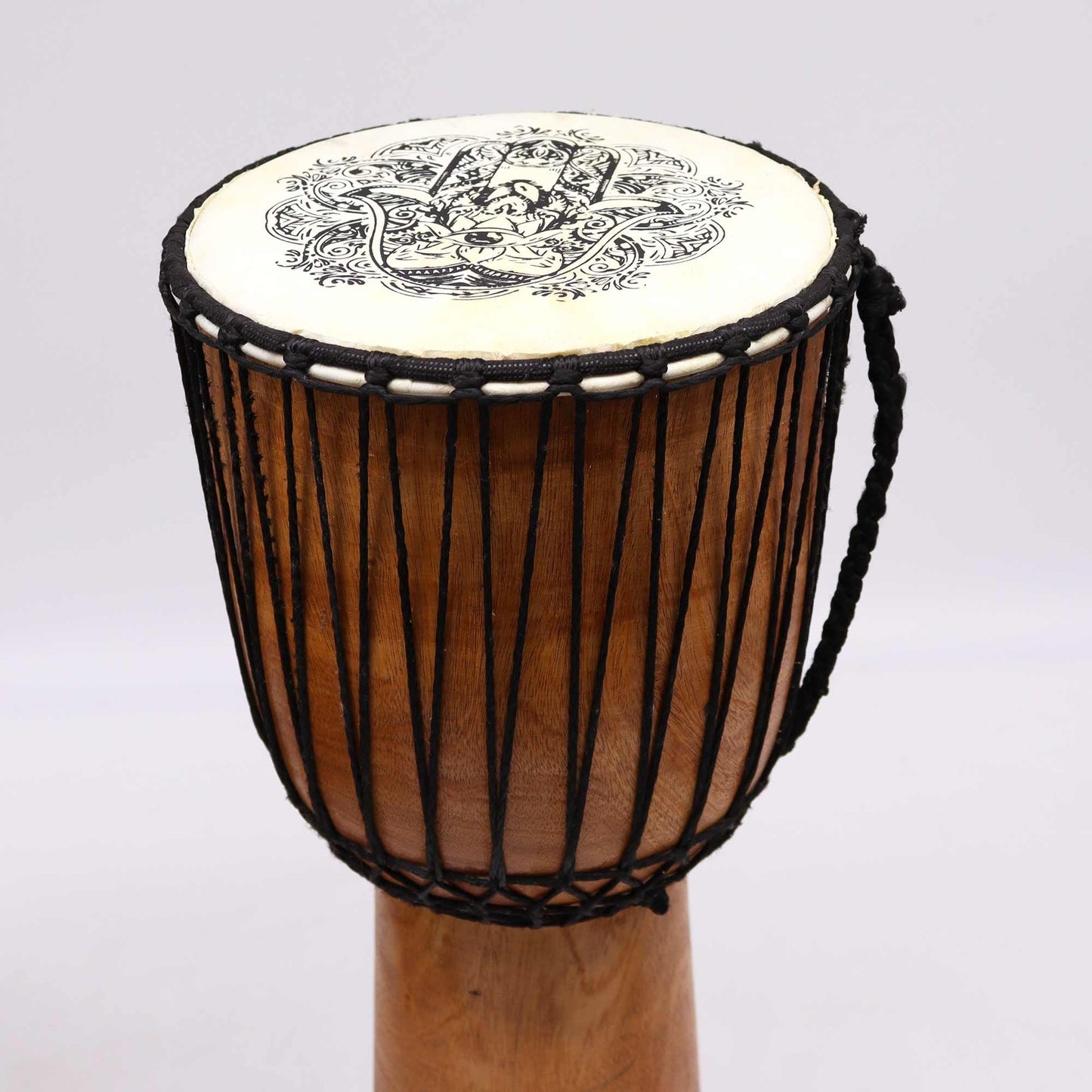 Suar Wood Djembe Drum – 50CM Hamsa Design, suar wood drum with goat skin head, black rope tuning, front view
