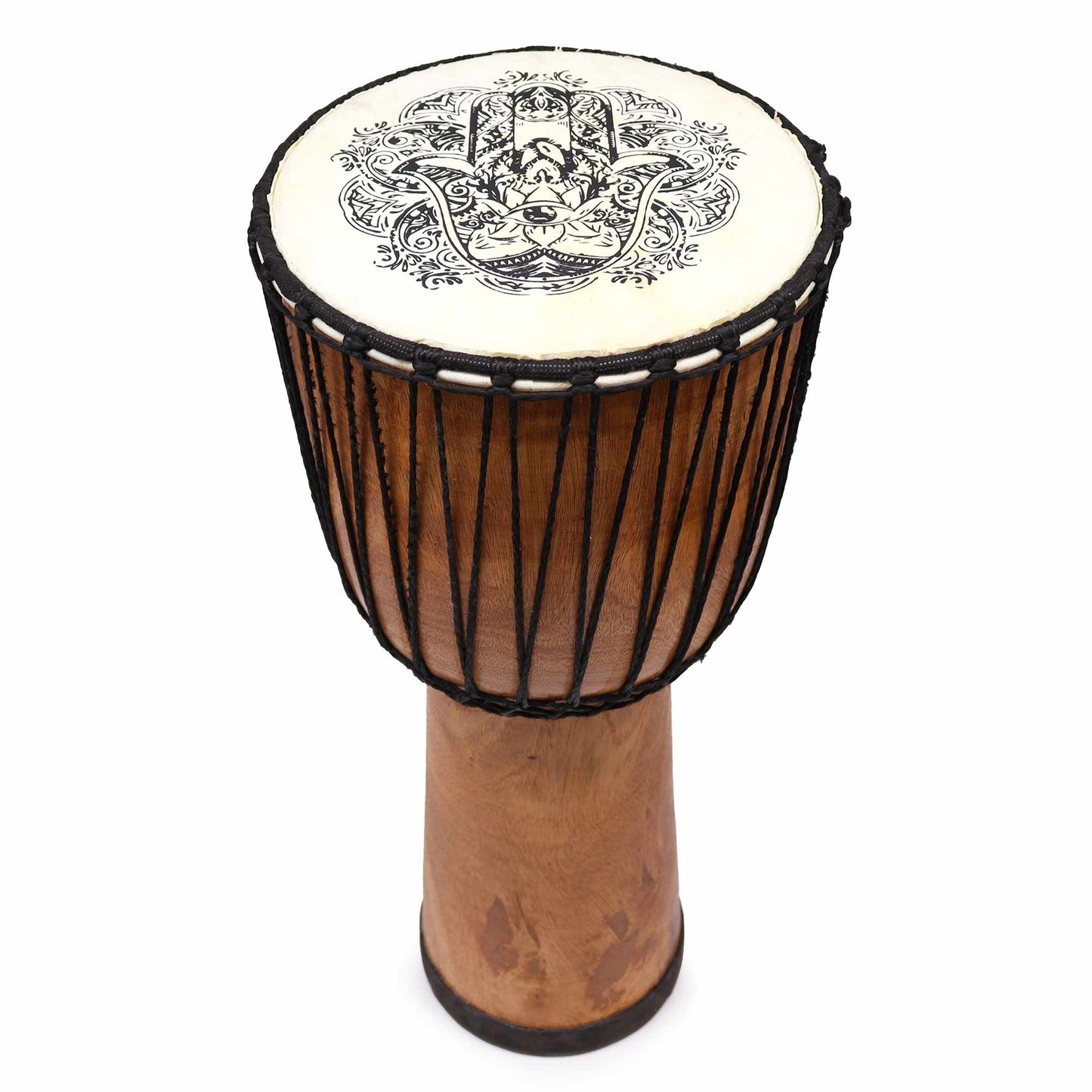 Alt Tag: Suar Wood Djembe Drum – 50CM Hamsa Design, 50cm suar wood djembe with goat skin drumhead and black rope tuning